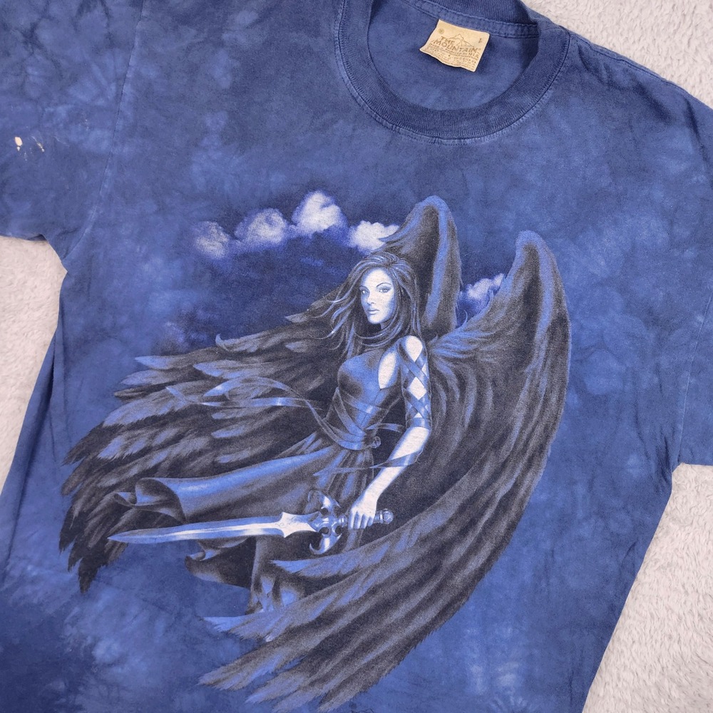 VTG Mountain Graphic T-Shirt Large Fallen Angel Warrior Blue Tie Dye Tee Y2K